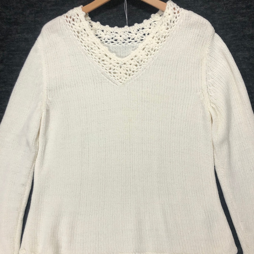 Crochet Collar Sweater V Neck Long Sleeve Knit Pullover Top Size Large